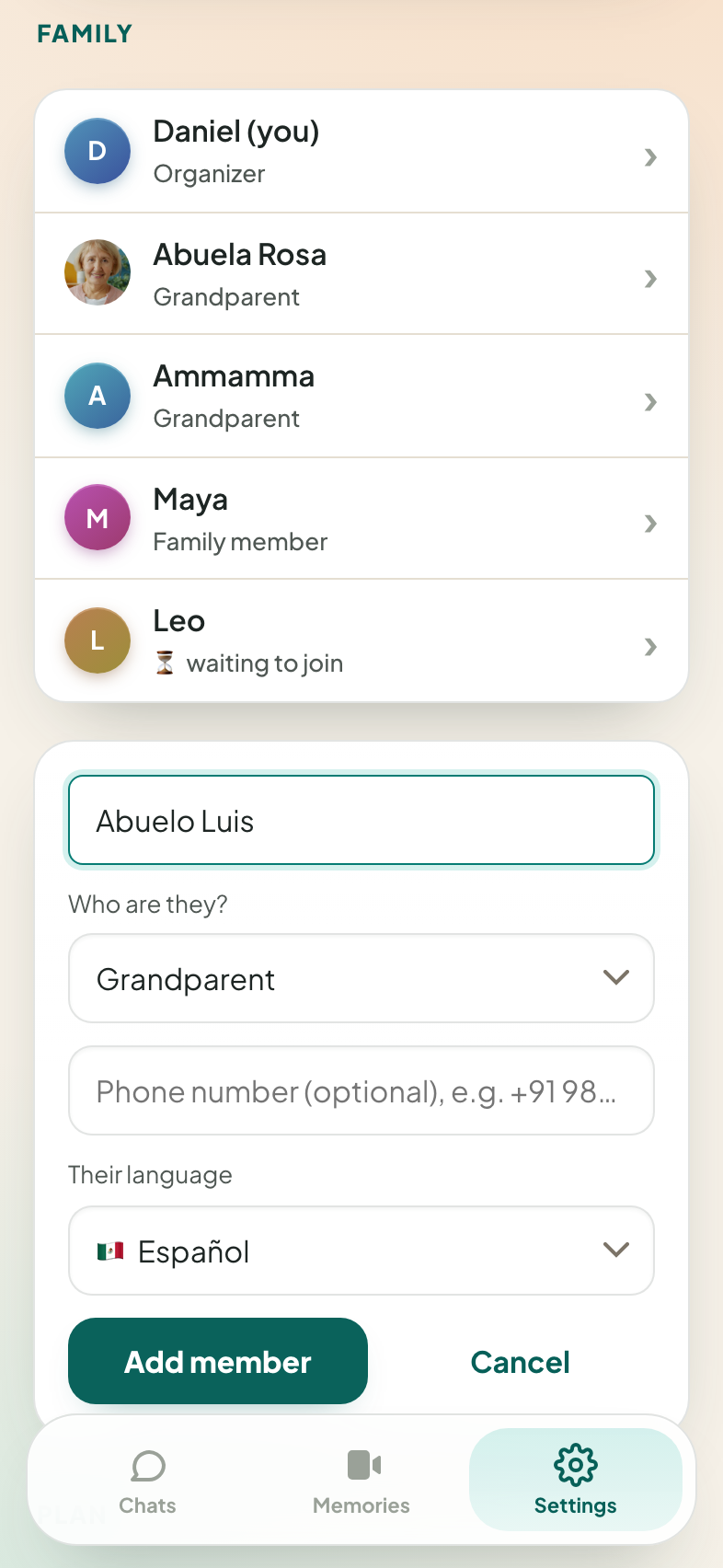 Adding a family member: their name, who they are, and the language they speak