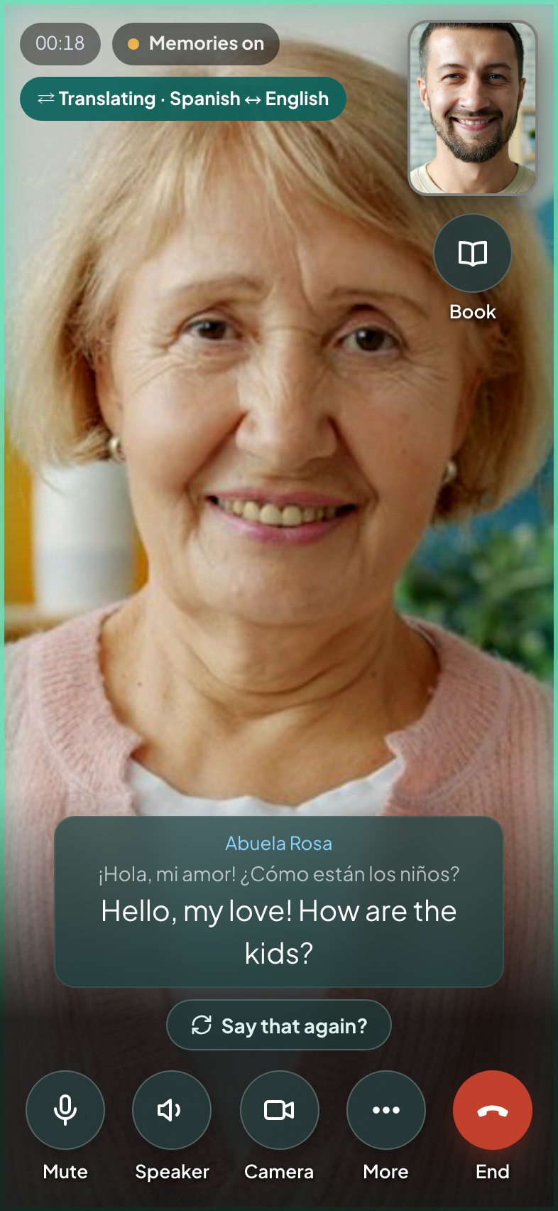 A live call with captions and a green outline around the person talking