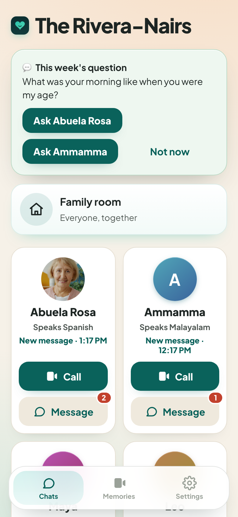The home screen: the family list with Call and Message, and this week's question