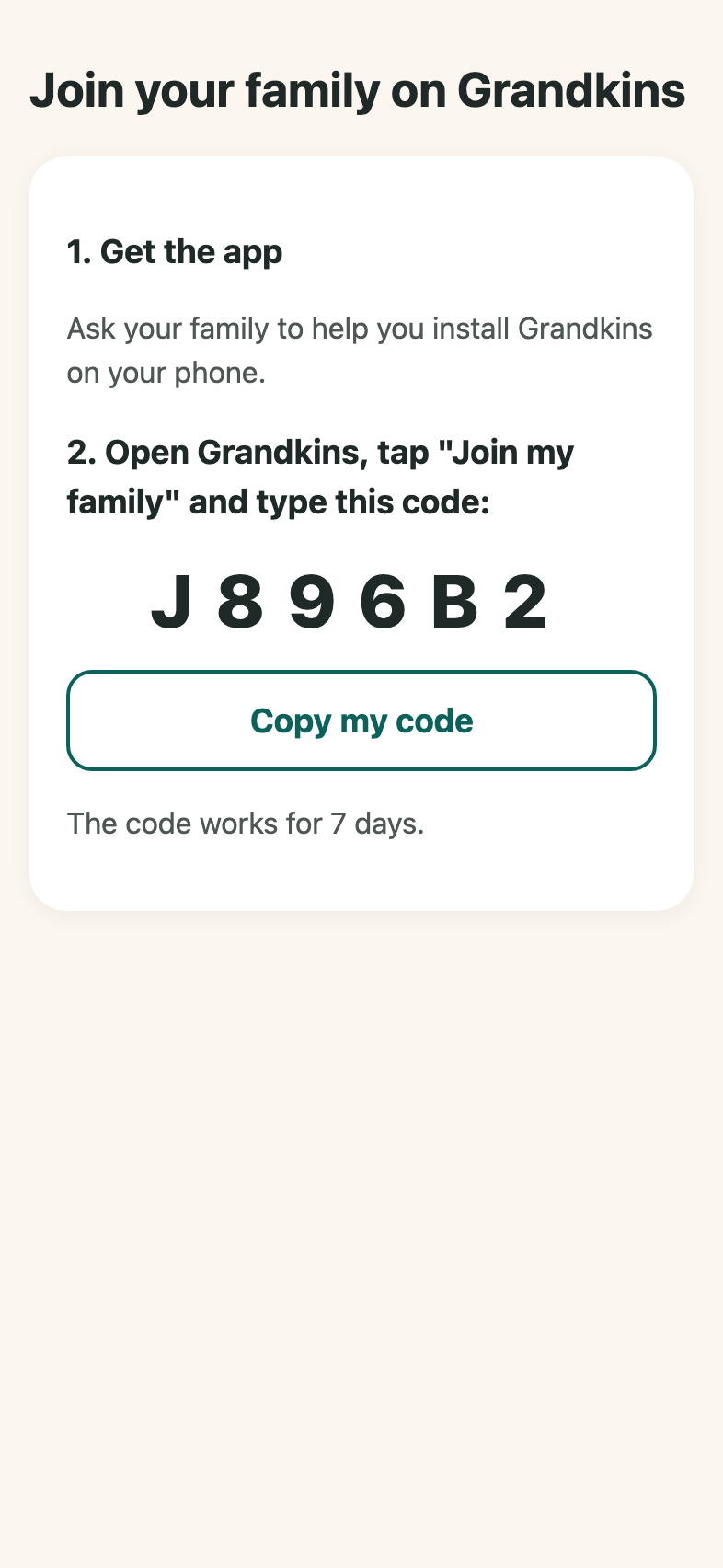 What your family member opens from your invite: their 6-letter code, big and easy to read
