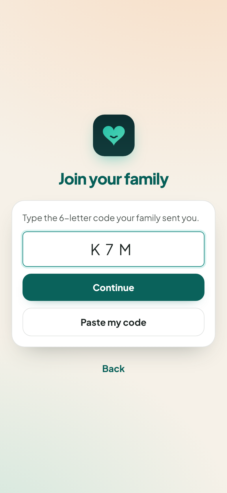 The Join your family screen with a 6-letter code being typed