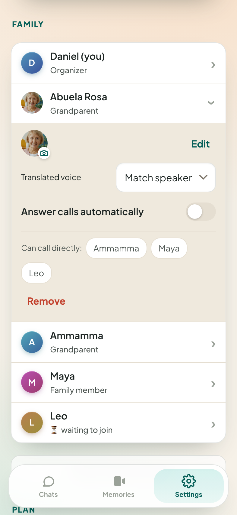 One family member's settings: who they can call, answer automatically, and their photo