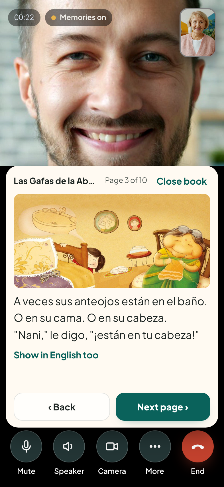 A children's picture book open on a family video call