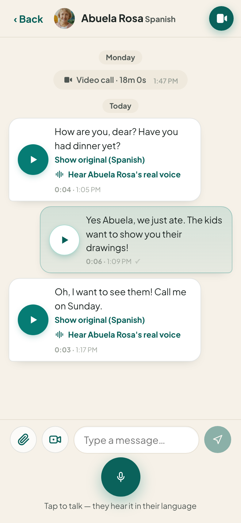 A chat with a translated voice message and a button to hear the real voice