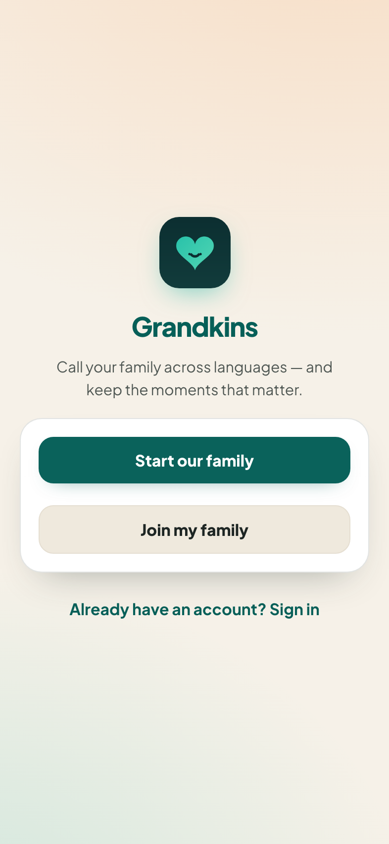 The first screen of Grandkins with two buttons: Start our family and Join my family