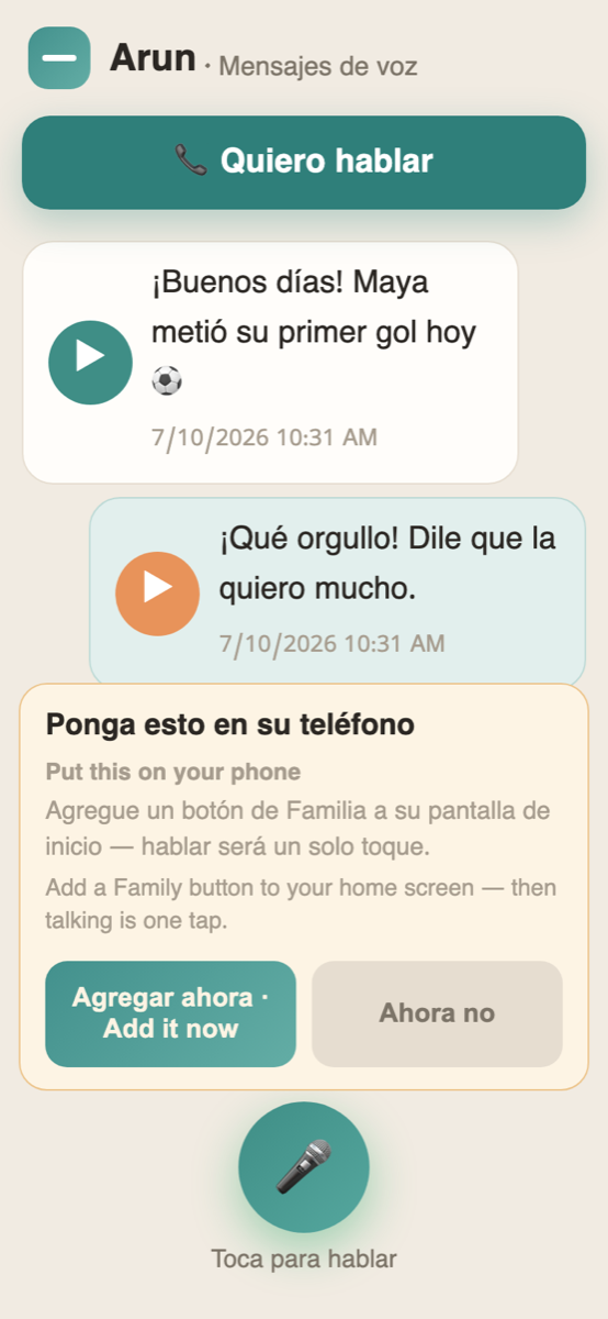 Abuela's page in Spanish: the Quiero hablar call button and translated messages