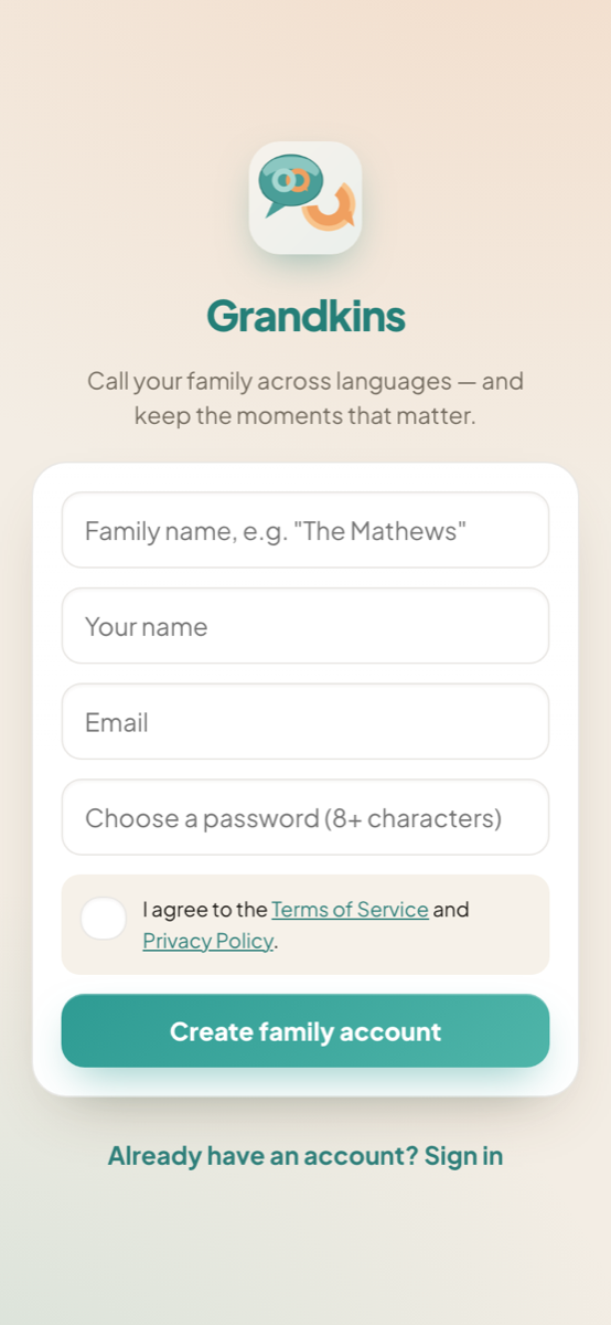 The Grandkins sign-up screen