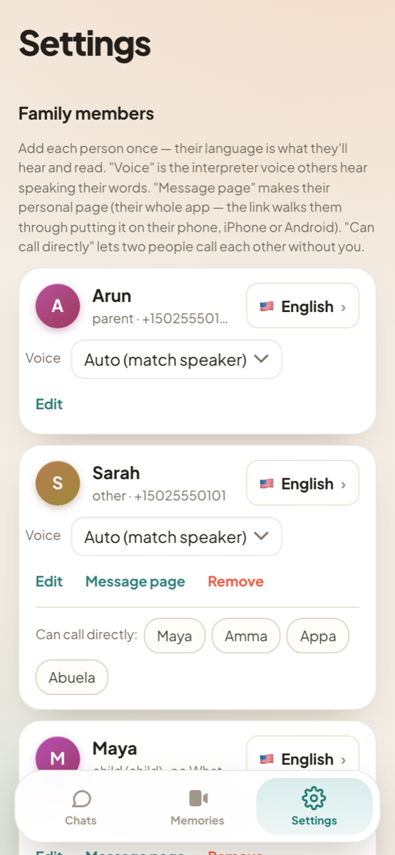 Settings: each family member with Edit, Message page, and Can call directly options