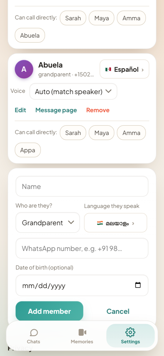 Adding a family member: name, role, language, WhatsApp number